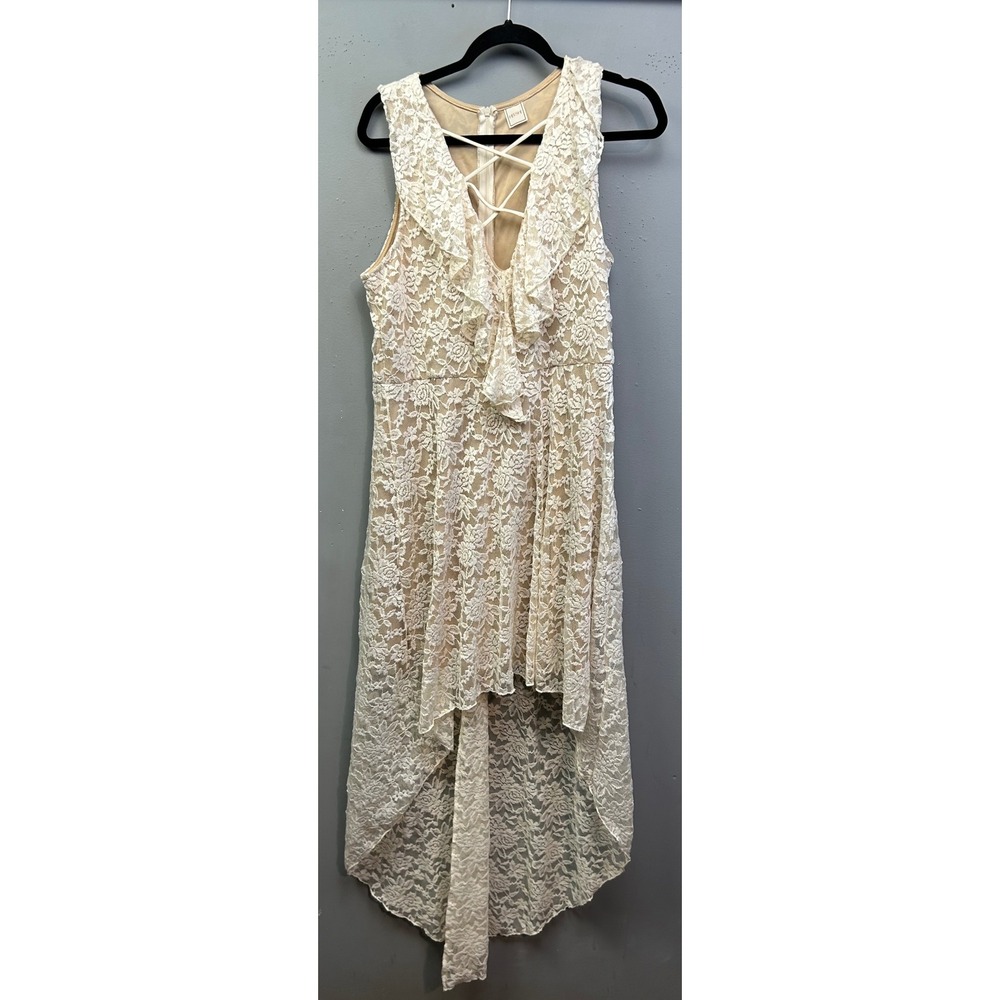 Her & She Dress Women 1XL Cream‎ Floral Lace High Low Ruffle V-Neck Neutral
